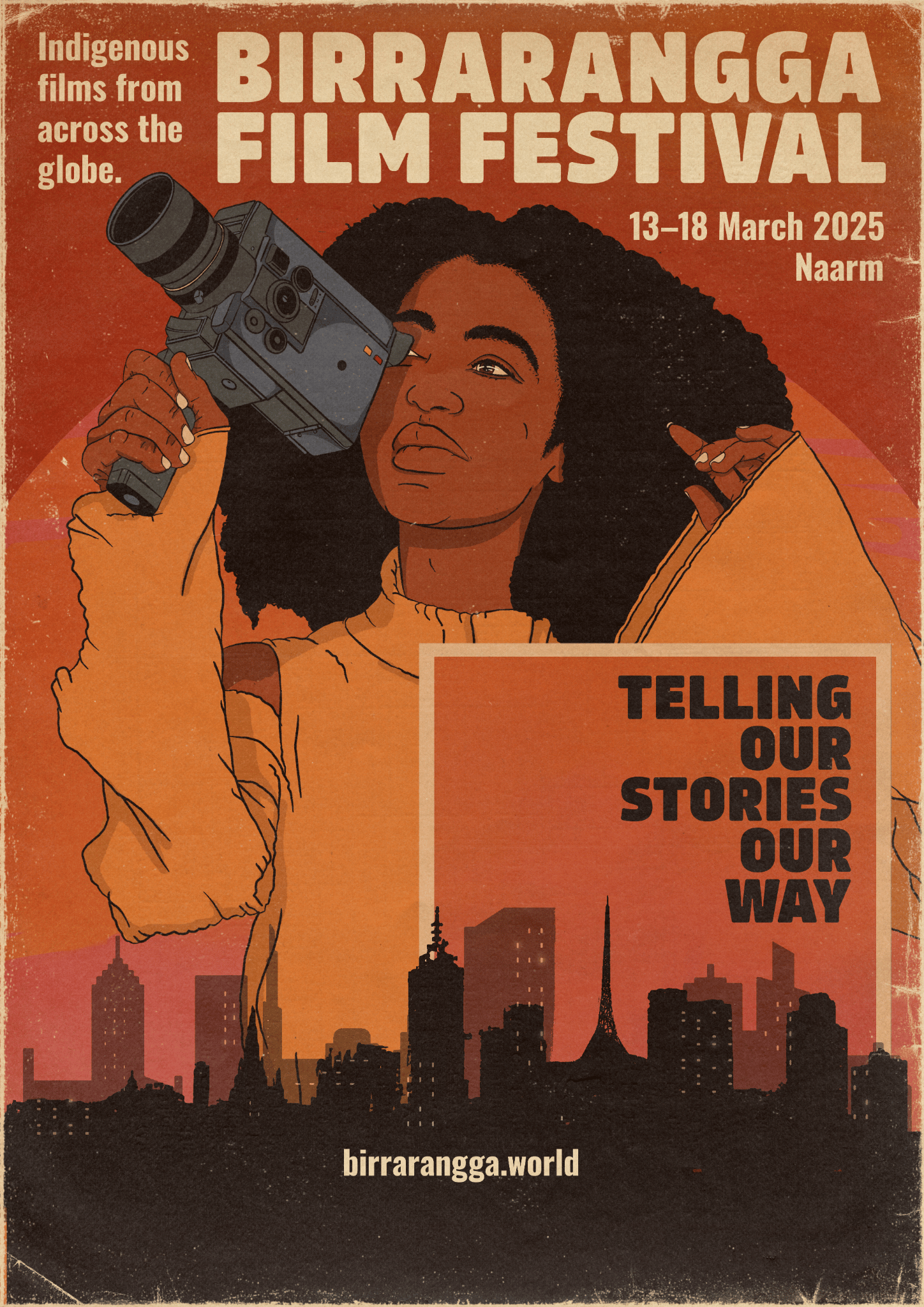 A purple film poster showing art work promoting the 2021 Birrarangga Film Festival