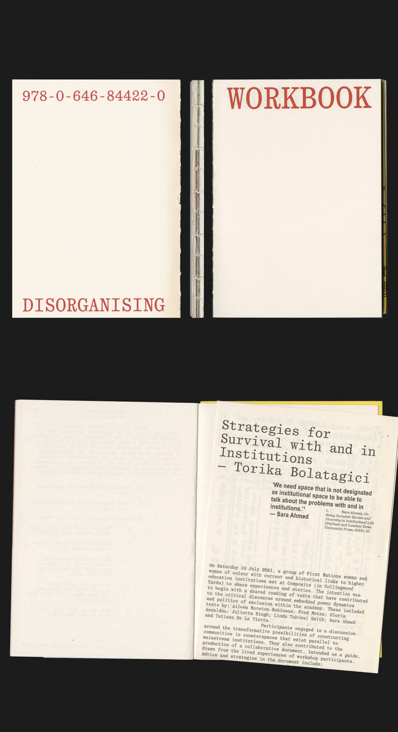 An open book with cream pages and text reading disorganising