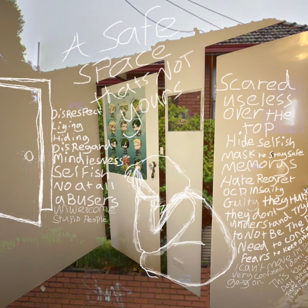 A section of Eden Menta's 'The little things we fight for' white text in a scrawled writing style over two combined images of a home and an interior.
