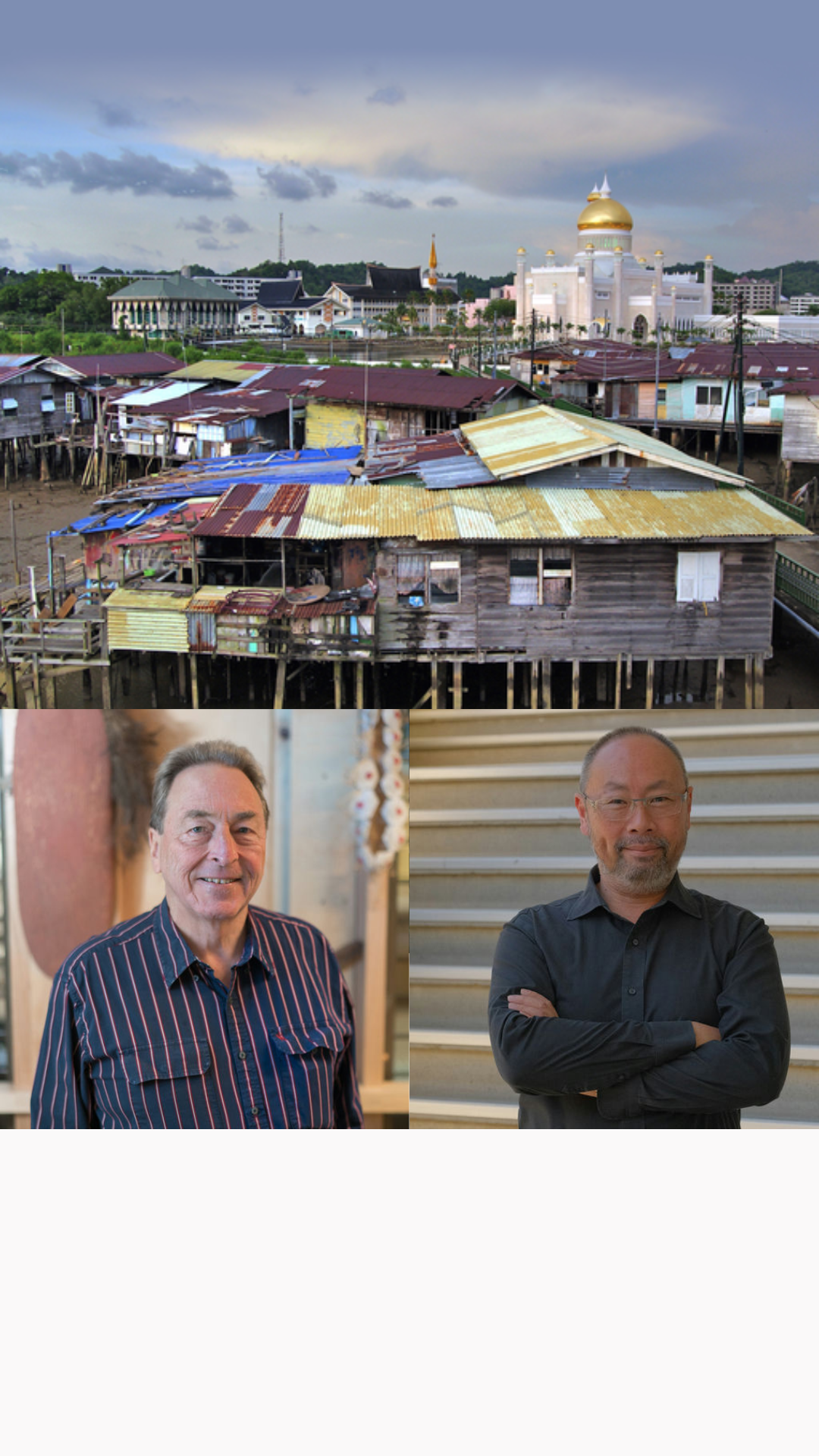 The two authors left: Paul Memmott AM, right: John Ting beneath the image of a stilt house above water they use as the cover for their new book.