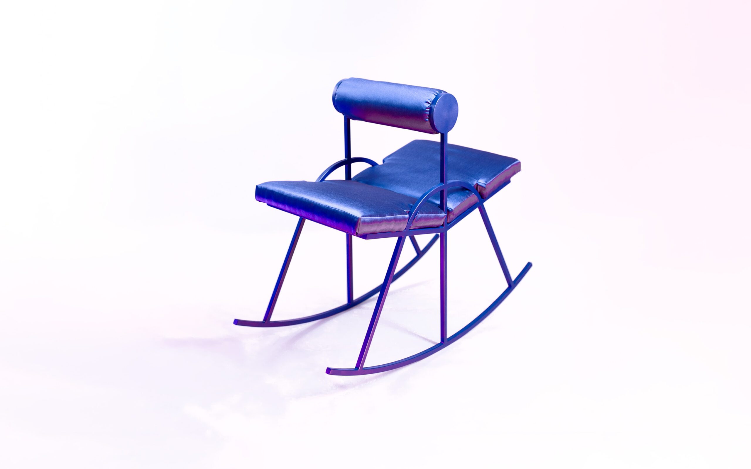 A fancy blue, double sided rocking chair with purple highlights in a white space.