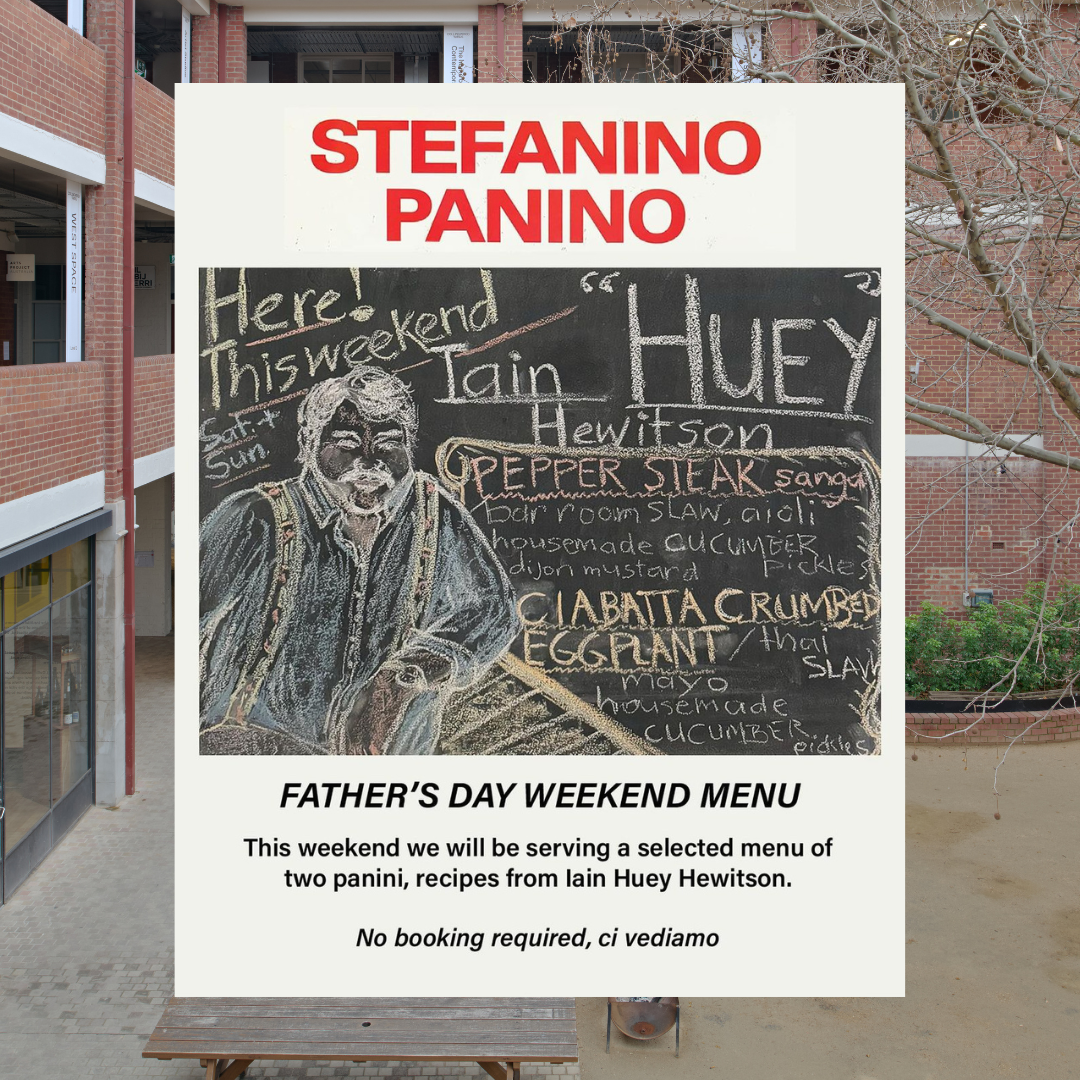 Shot of the handrawn sandwich board out the front of Stefanino Panino celebrating Huey and Stef's upcoming collaboration. The text below the board reads 