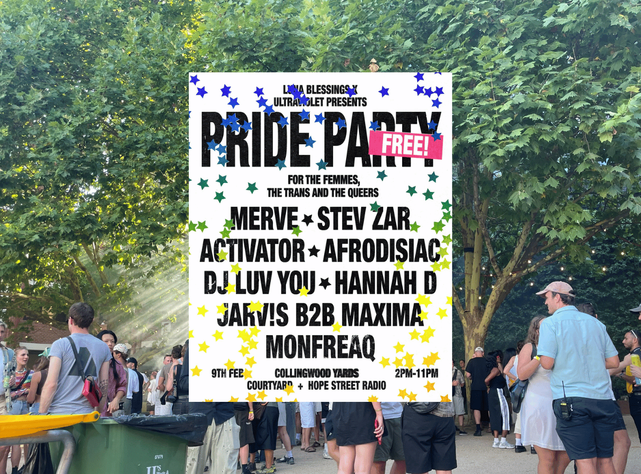 The promotional poster for the event. It is covered in small stars that slowly change from deep blue to green then yellow and orange as they go further down the page on a white background. 